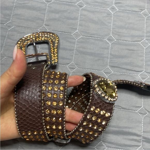 Studded Brown genuine leather Belt with Gold Accents S-M main image 5